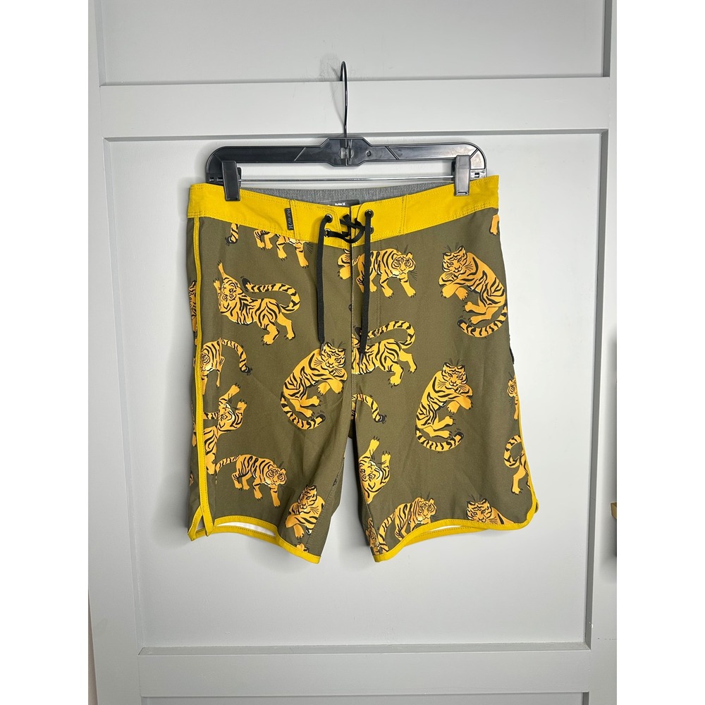 Hurley Mens Board Shorts Tiger Print‎ Olive Green Yellow Size 30 Swim Trunks